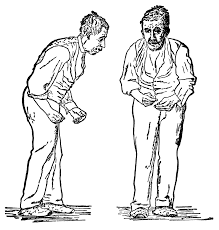 pencil image of 2 old men hunched over looking miserable.
